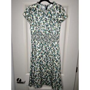 DYVNA Hammered Silk Satin Midi Dress Short Sleeve Green Black Pattern Size 4